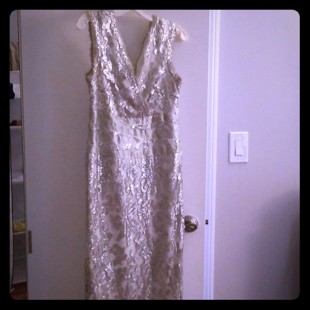 Long sleeveless silver bodice dress